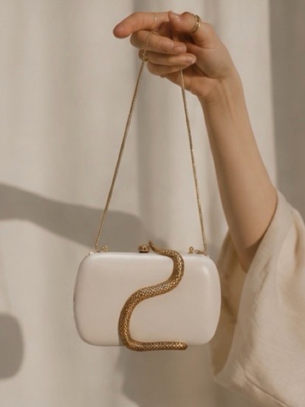 White Evening Clutch with Gold Snake Detail - Picture 4 of 6